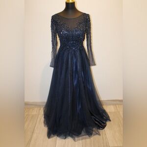 Basix Black Label Navy Beaded Long Sleeve Evening/ Prom Gown